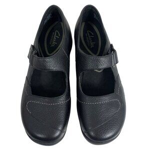 Clarks Womens In-Motion Black Leather Mary Jane Comfort Shoes 7.5W  Adj Strap